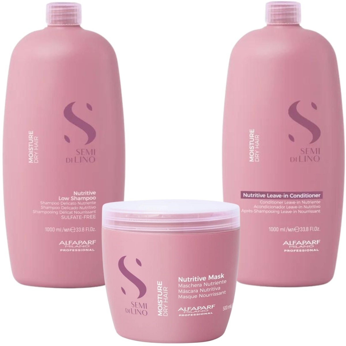 Set Alfaparf Semi di Lino Moisture Nutritive – Sampon, 1000 ml + Balsam, 1000 ml + Masca, 500 ml