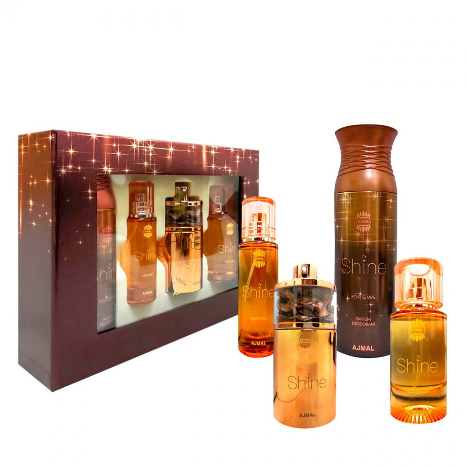 Set Cadou Ajmal Shine: Apa de de Parfum 75 ml+ Lotiune de corp 1200 ml + Hair Mist 30 ml + Deodorant 200 ml (Concentratie: Apa de Parfum, Gramaj: 100 ml)