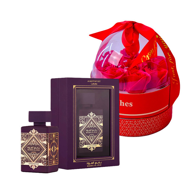 Set cadou Joy Together, cutie cu trandafiri de sapun in cupola si lantisor cu pandativ + parfum arabesc (Parfum Aroma: Bade'e Al Oud Amethyst)
