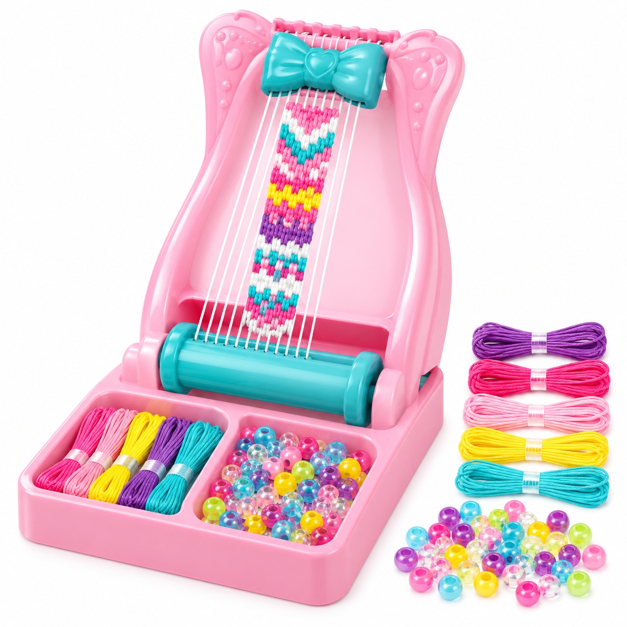 Set creativ pentru realizat bratari Awesome DIY, razboi de tesut, fire si margele, roz-turcoaz, 3+ ani