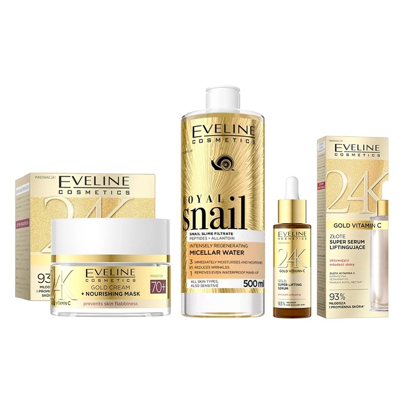 Set Eveline Cosmetics 24K Gold – Crema 70+, 50ml, Ser Lifting 30ml si Apa Micelara Royal Snail 500ml