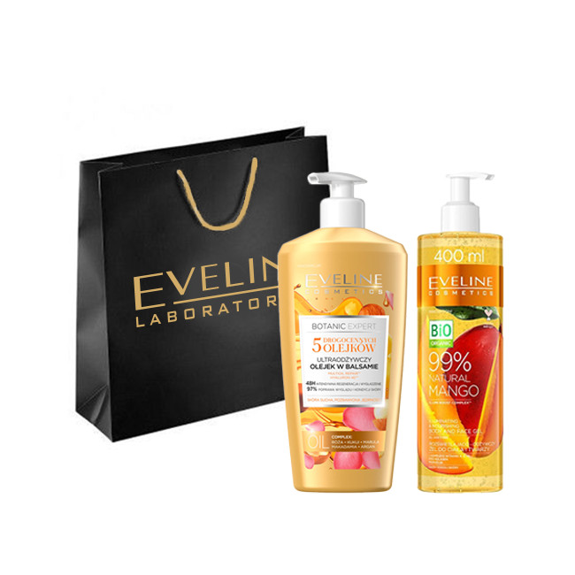Set Eveline Cosmetics Lotiune de corp Botanic Expert 5 Precious Oils, Gel pentru fata si corp BioOrganic Mango (Concentratie: Set, Gramaj: 350 ml + 400 ml)