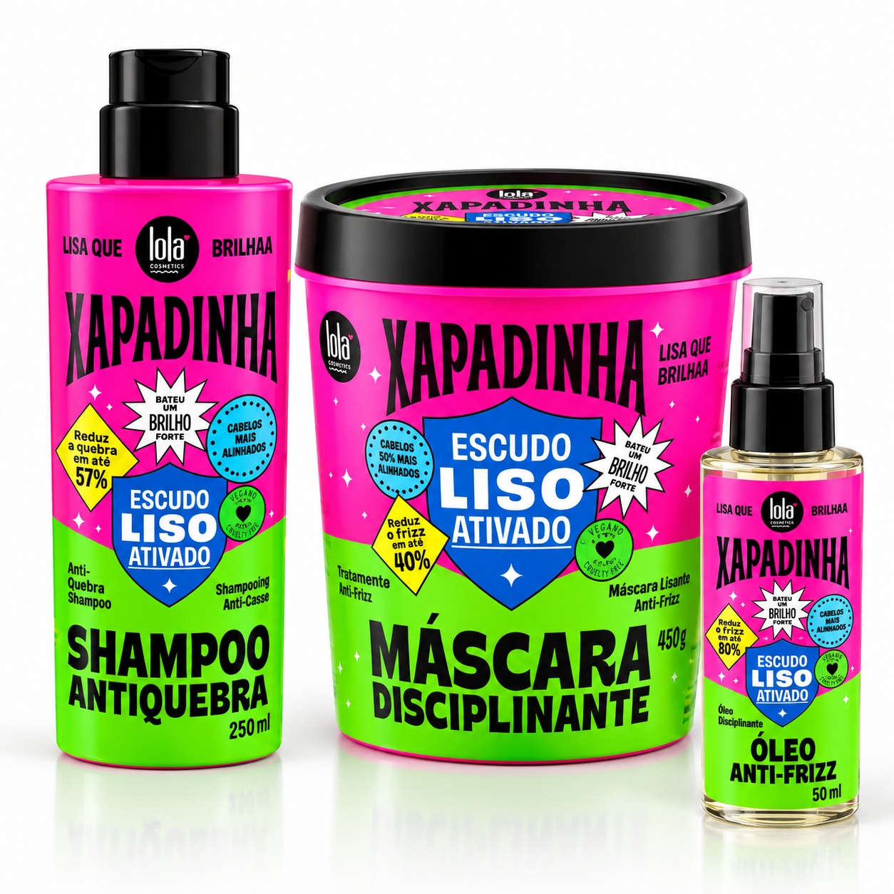 Set Lola Cosmetics Xapadinha Anti-Frizz pentru Păr Drept – Șampon 250 ml + Mască 450 g + Ulei 50 ml
