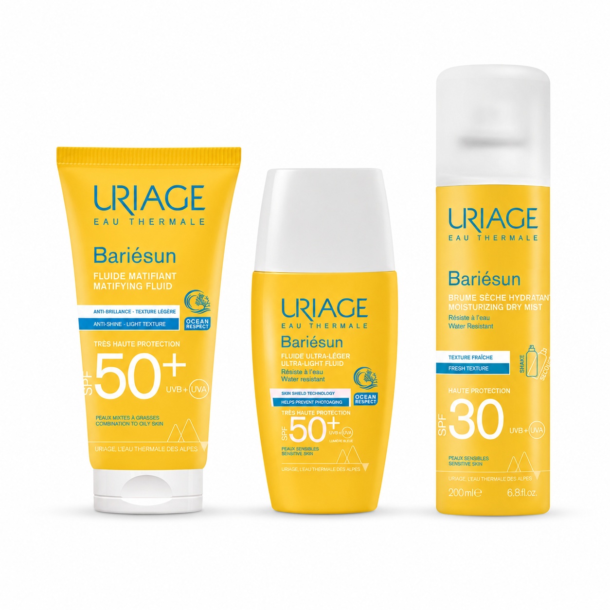 Set Uriage Bariesun – Fluid matifiant SPF 50+, 50 ml + Fluid ultra-lejer SPF 50+, 30 ml + Spray uscat hidratant SPF 30, 200 ml