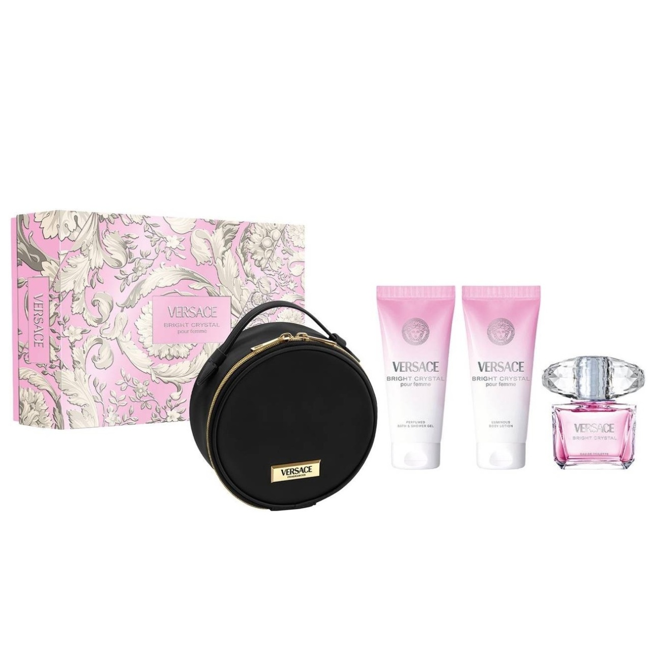 Set Versace Bright Crystal, Apa de toaleta (Concentratie: Apa de Toaleta, Gramaj: 90 ml Apa de Toaleta + 100 ml Lotiune de Corp + 100 ml Gel de Dus + Geanta)