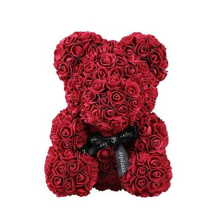 Ursulet floral din Trandafiri de spuma 25 cm, cu funda, in cutie cadou (Culoare bijuterii: bordo)