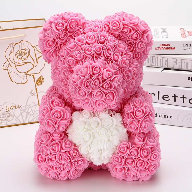 Ursulet trandafiri de spuma cu inima, in cutie cadou cu funda, 40 cm (Culoare bijuterii: Pink)