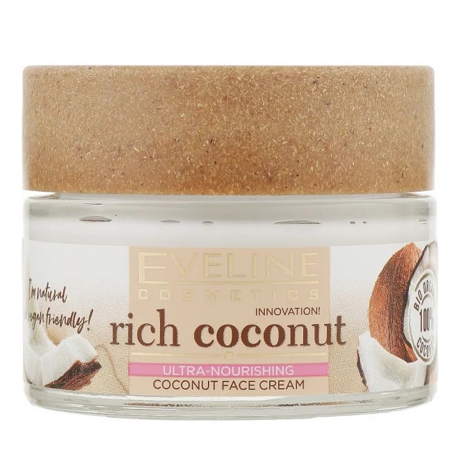 Crema de Fata Ultra-Nutritiva cu Ulei de Cocos 100% Organic, Eveline Cosmetics Rich Coconut, 50 ml