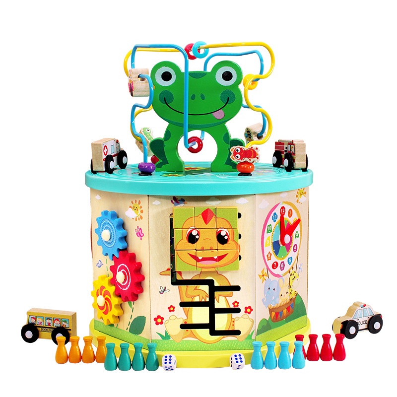 Cub educativ din lemn Montessori 9 Activitati, Ceas, Puzzle, Labirinturi, Circuit, masinute