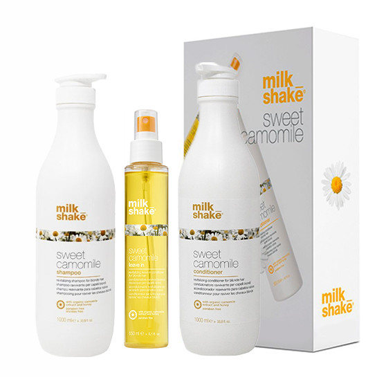 Kit pentru ingrijirea parului blond Milk Shake Sweet Camomile Sampon 1000 ml + Balsam 1000 ml + Tratament 150 ml (Concentratie: Sampon, Gramaj: 1000 ml + 1000 ml + 150 ml)