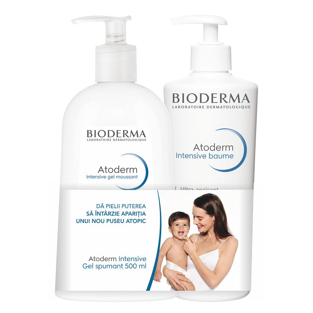 Pachet Bioderma Atoderm Intensive: Balsam de corp pentru piele foarte uscata si atopica, 500 ml + Gel spumant pentru piele foarte uscata si atopica, 500 ml