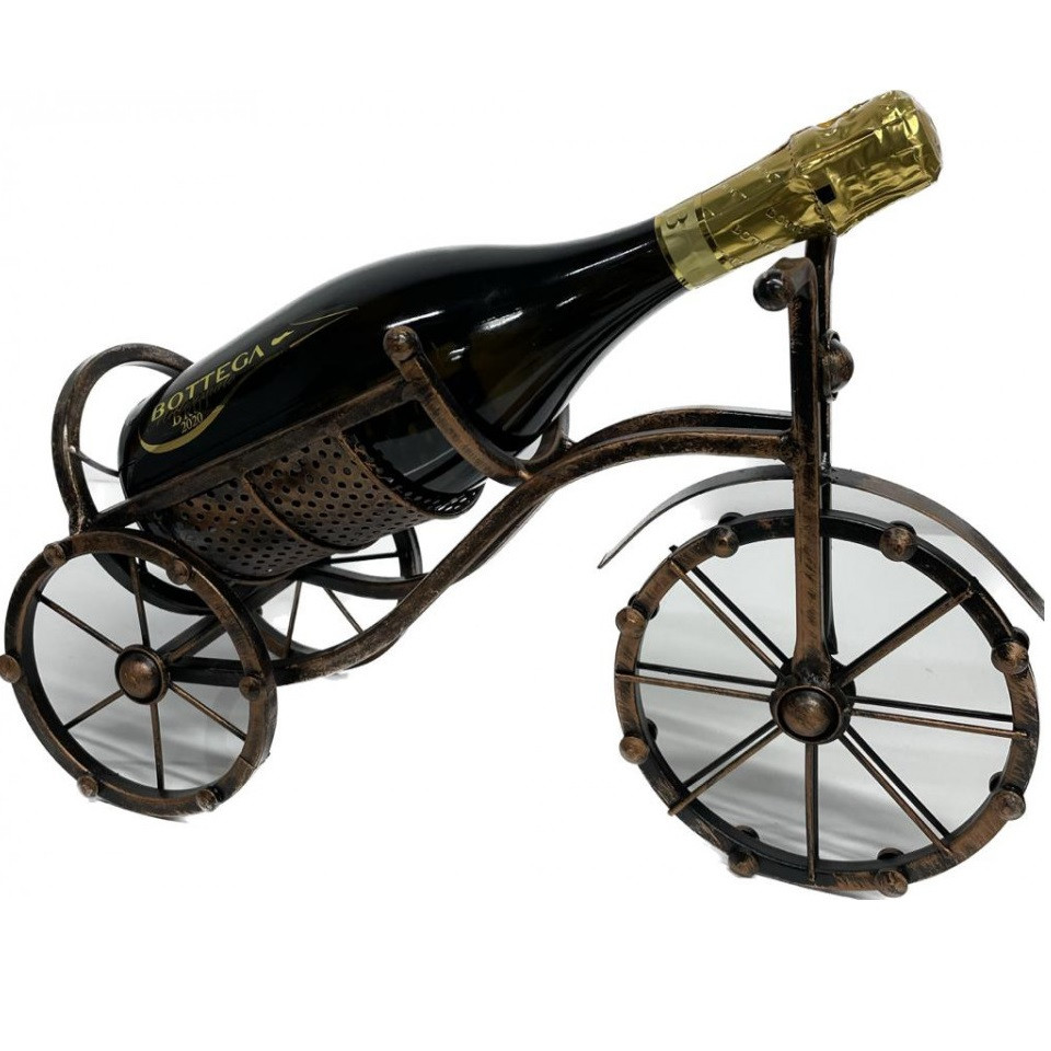 Pachet cadou vin spumant brut Millesimato Bottega 750 ml si suport metalic in forma de bicicleta, vintage, bronz
