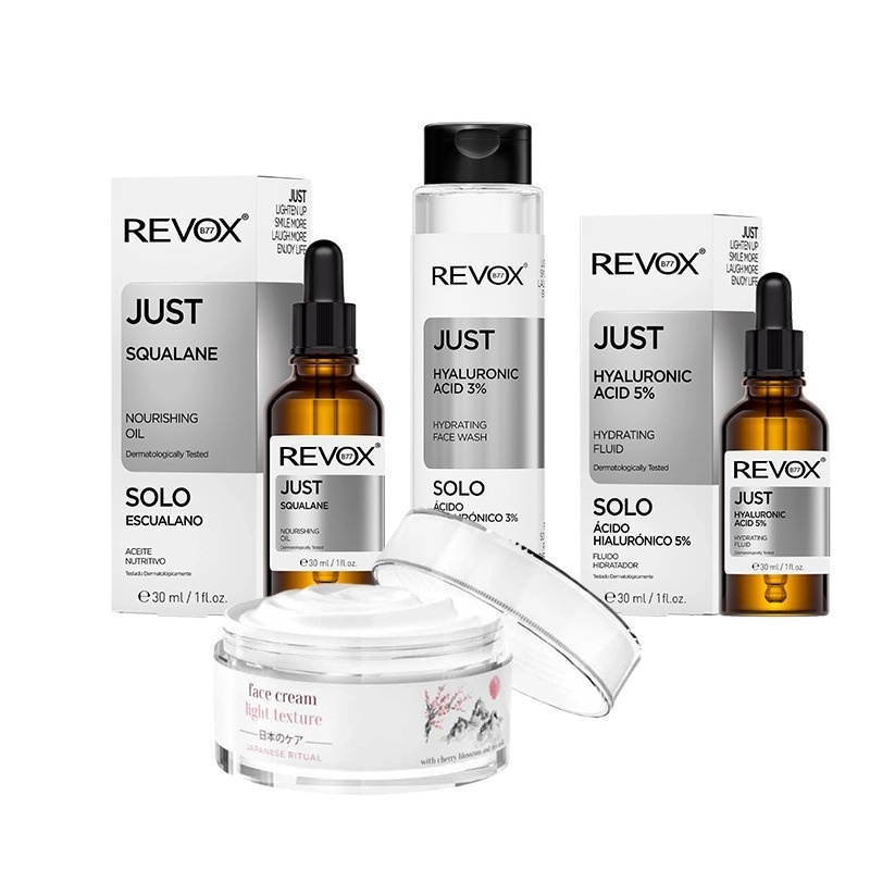 Pachet pentru ten dezhidratat Revox - Squalane Oil 30 ml + Face Wash HA 3% 250 ml + Fluid HA 5% 30 ml + Crema Light Texture 50 ml