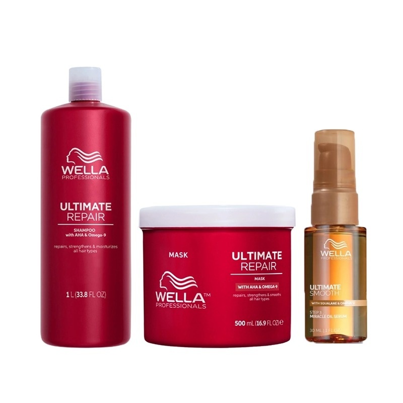 Pachet Wella Professionals Ultimate Repair & Smooth – Sampon 1000 ml + Masca 500 ml + Ulei Miracle Serum Ultimate Smooth, 30 ml