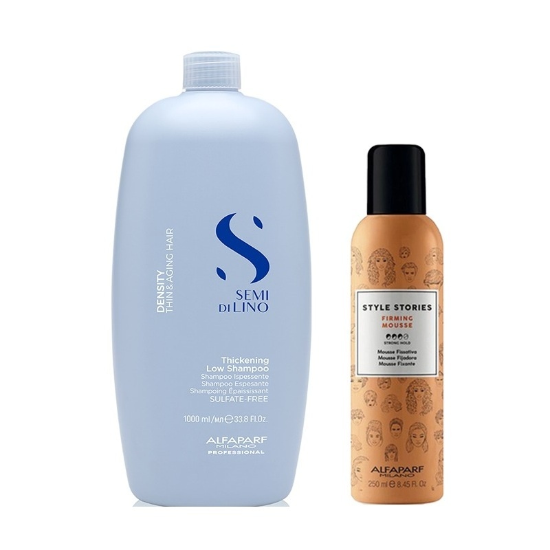 Set Alfaparf – Sampon Semi di Lino Density Thickening Low 1000ml + Spuma de par Style Stories Firming Mousse 250ml