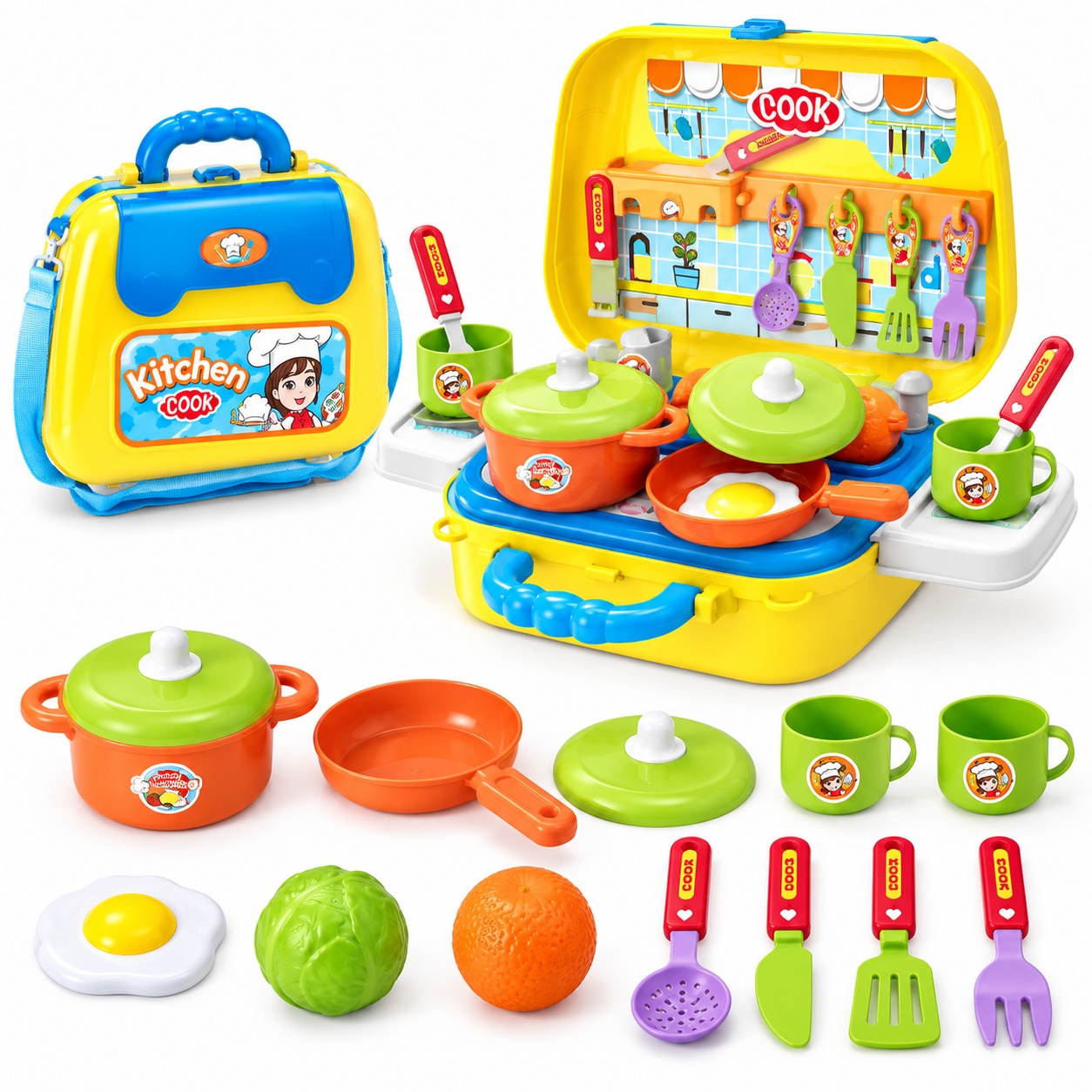 Set Bucatarie Portabila 2 in 1, gentuta cu 15 accesorii pentru gatit, multicolor, 3+ ani