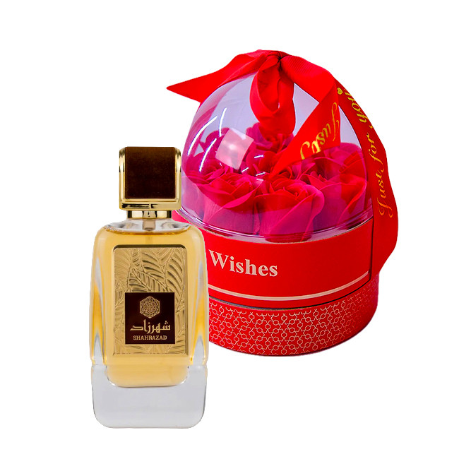 Set cadou Joy Together, cutie cu trandafiri de sapun in cupola si lantisor cu pandativ + parfum arabesc (Parfum Aroma: Shahrazad)