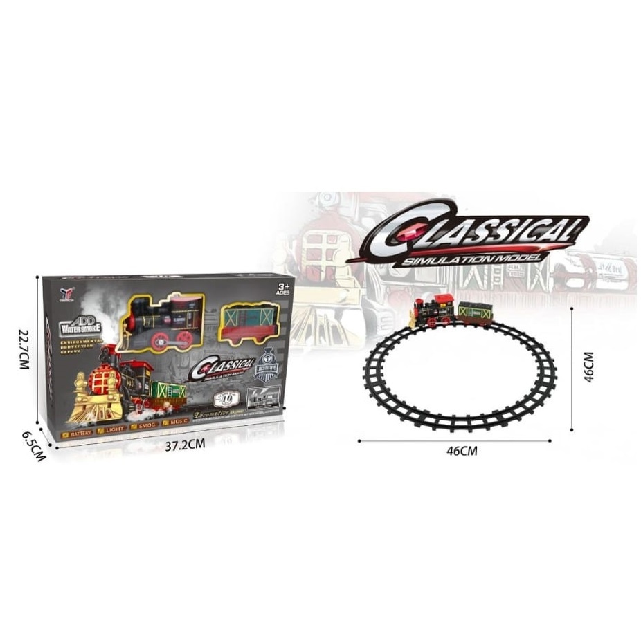 Set de Trenulet Electric cu aburi: Lumini, Sunete, 1 locomotiva, 1 vagoan, sine, accesorii cale ferata
