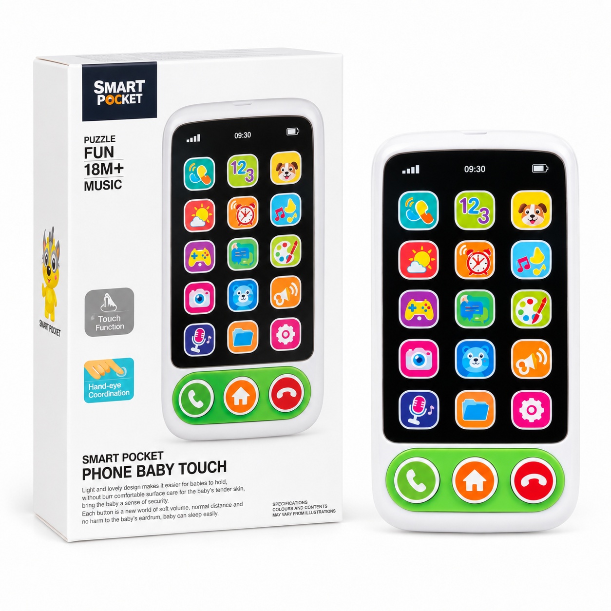Telefon interactiv pentru copii Smart Pocket, 15 butoane, lumini si sunete, alb-verde, 18 luni+