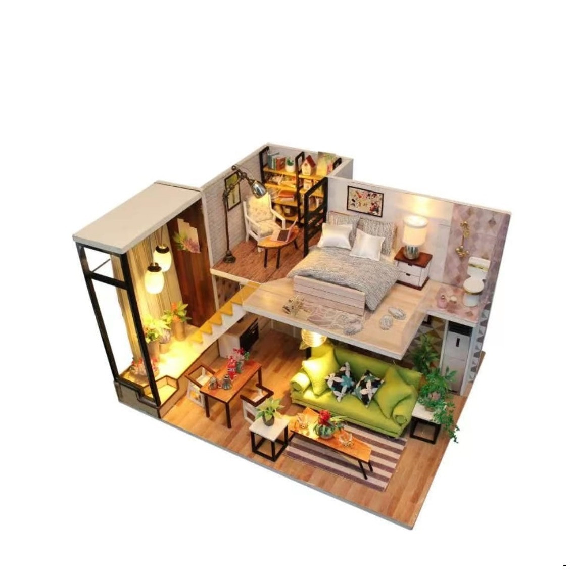 Casuta De Asamblat DIY in miniatura din lemn cu mobilier, Joc interactiv, educational