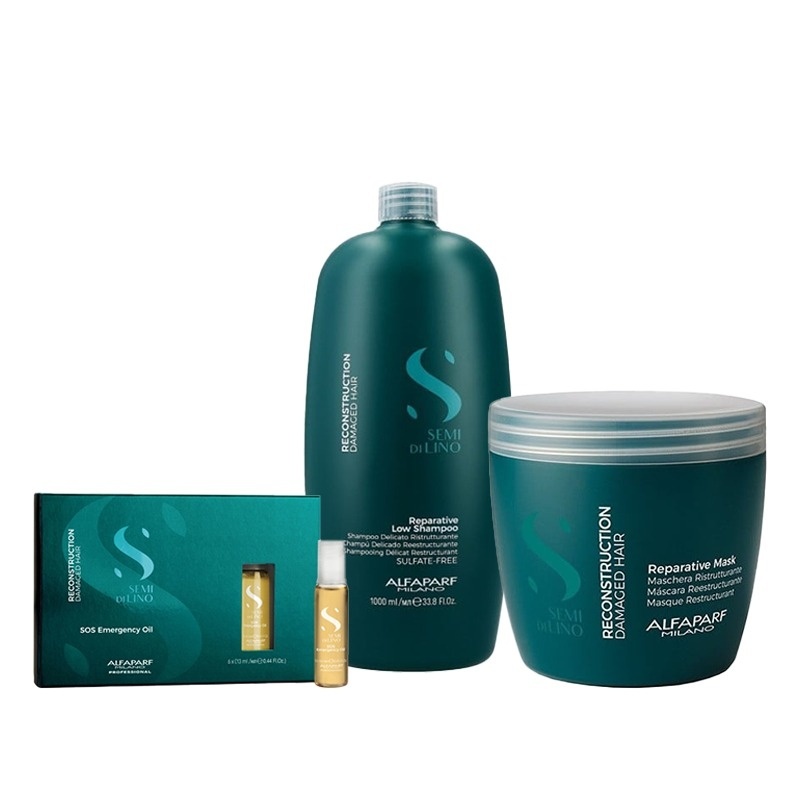 Set Alfaparf Semi di Lino Reconstruction – Sampon, 1000 ml + Masca, 500 ml + Ulei SOS Emergency Oil 6x13 ml