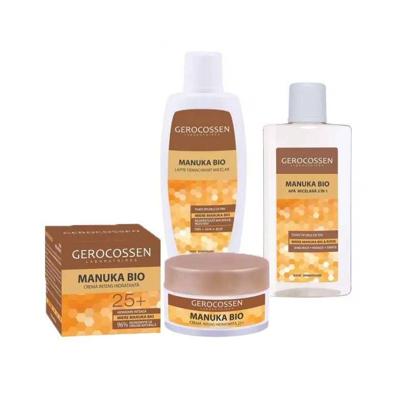 Set Gerocossen Manuka Bio – Crema Antirid 25+, 50ml, Lapte Demachiant 200ml si Apa Micelara 3in1 400ml