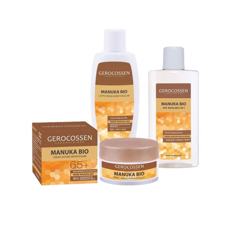 Set Gerocossen Manuka Bio – Crema Antirid 65+, 50ml, Lapte Demachiant 200ml si Apa Micelara 3in1 400ml