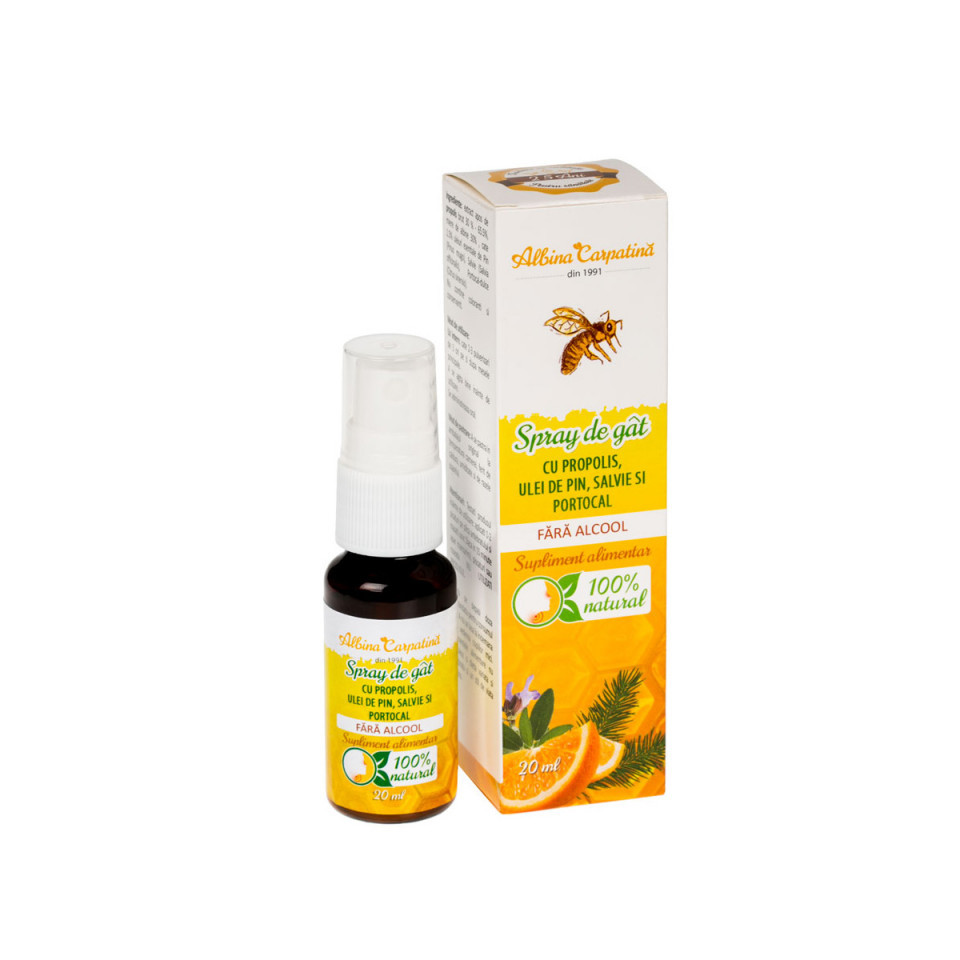 Spray de gât cu propolis, ulei de pin, salvie și portocal Albina Carpatină, 20 ml, Apicola Pastoral