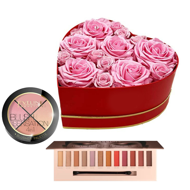 Cadou femei My Heart Pink, cutie cu 15 trandafiri criogenati, paleta machiaj si blush sensation Evel