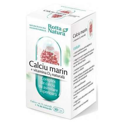 Calciu Marin + Vitamina D2 naturală, 30 capsule, Rotta Natura (TIP PRODUS: Suplimente alimentare, Concentratie: 825 mg)