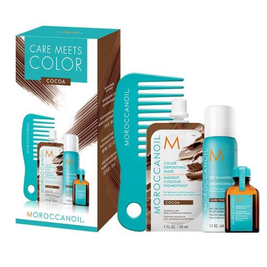 Moroccanoil Care Meets Color Cocoa: Masca de par nuantatoare, 30 ml + Ulei de par tratament Original, 15ml + Sampon uscat Dark, 62ml + Pieptene cu dinti rari pentru aplicarea mastii (Concentratie: Set, Gramaj: 30 ml)