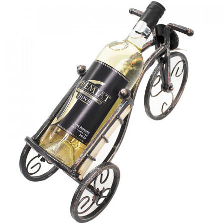 Pachet cadou vin alb Jidvei Premiat 750 ml si suport metalic in forma de bicicleta, vintage, negru-silver