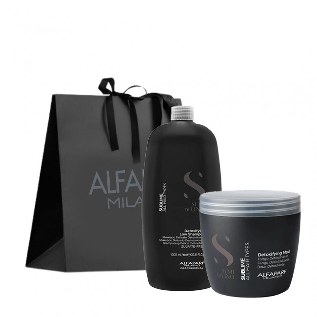 Pachet detoxifiant pentru toate tipurile de par Alfaparf Milano Semi Di Lino Sublime Detoxifying Mud, Sampon, 1000 ml + Masca, 500 ml