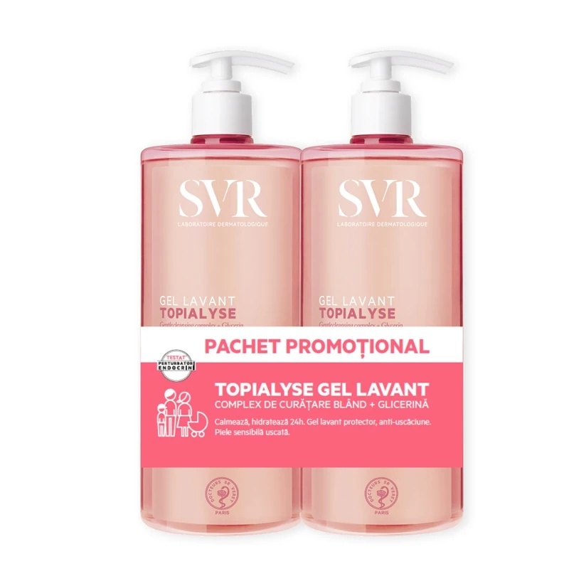 Pachet Gel de dus lavant pentru piele uscata si sensibila Topialyse SVR, 2x1000 ml