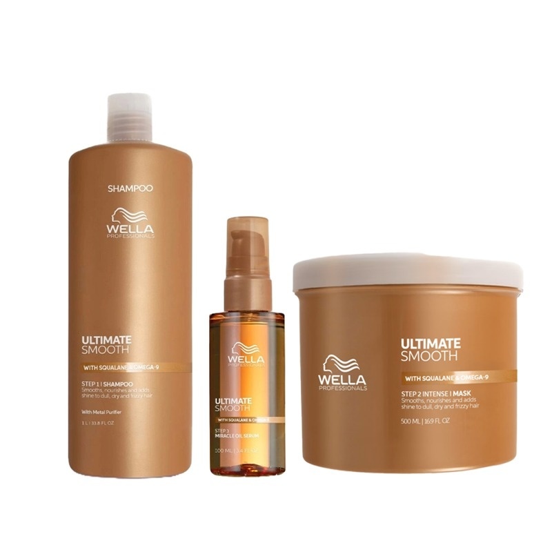Pachet Wella Professionals Ultimate Smooth – Sampon, 1000 ml + Masca, 500 ml + Ulei Miracle Serum, 100 ml