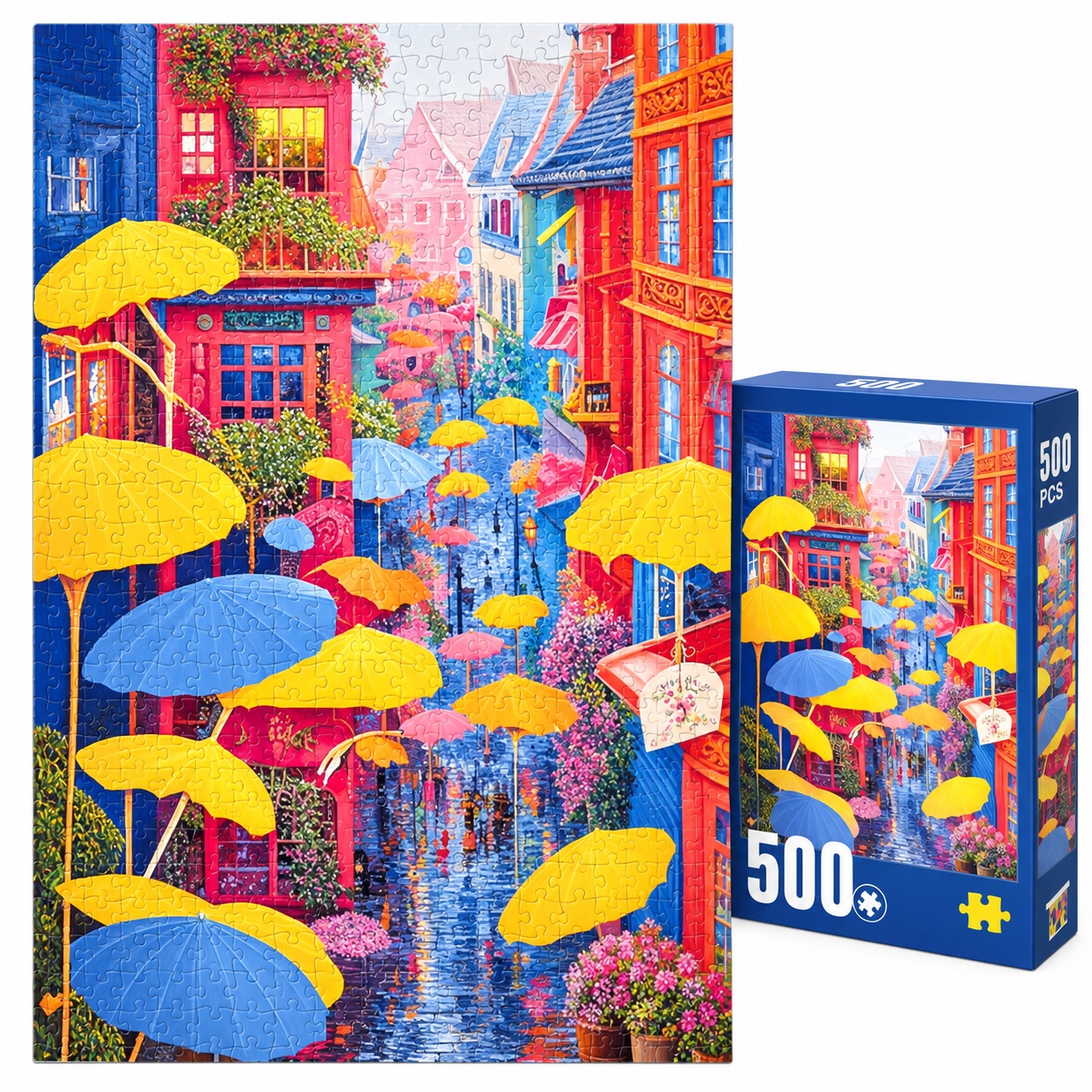 Puzzle Strada cu umbrele colorate, 500 piese, peisaj urban, multicolor