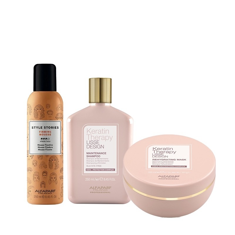 Set Alfaparf Keratin Therapy Lisse Design – Sampon Maintenance 250 ml + Masca Rehydrating 200 ml + Spuma Fixativa Style Stories Firming 250 ml