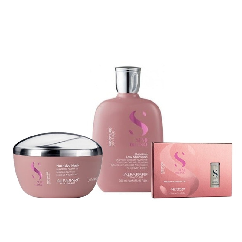 Set Alfaparf Semi Di Lino Moisture Nutritive 250 ml Sampon + 200 ml Masca + 6 fiole x 13 ml Ulei