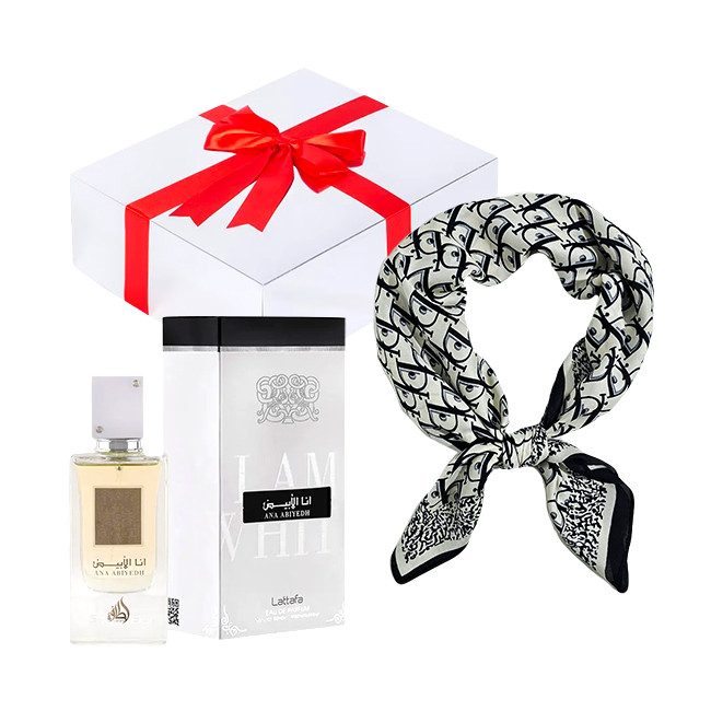Set cadou Essence&Shawl: parfum Lattafa + esarfa satinata + cutie cadou cu funda (Parfum Aroma: Hayaati)