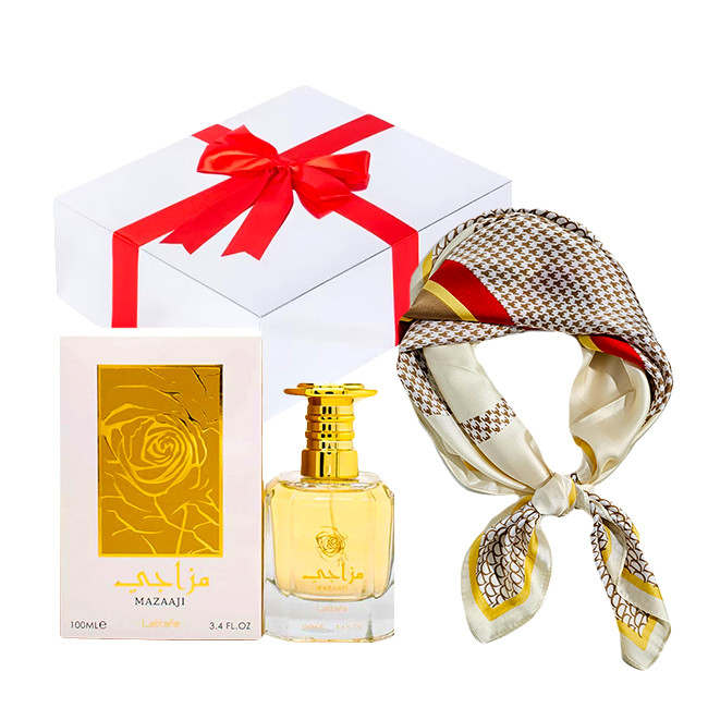 Set cadou Essence&Shawl: parfum Lattafa + esarfa satinata + cutie cadou cu funda (Parfum Aroma: Mazaaji)