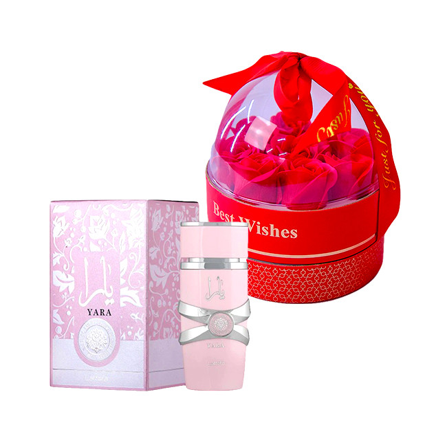 Set cadou Joy Together, cutie cu trandafiri de sapun in cupola si lantisor cu pandativ + parfum arabesc (Parfum Aroma: Dirham Wardi)