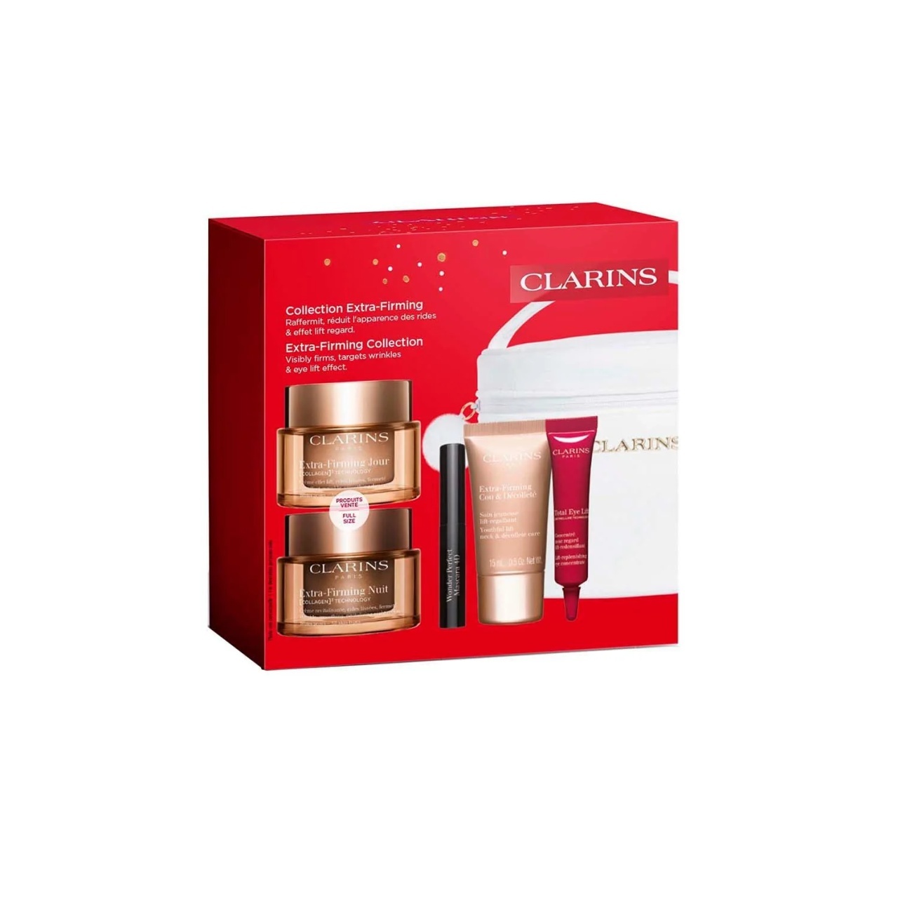 Set Clarins Extra-Firming cu creme de zi si noapte, mascara, Total Eye Lift si beauty case alb