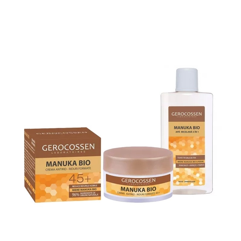 Set Gerocossen Manuka Bio – Crema Antirid 45+, 50ml si Apa Micelara 3in1 400ml