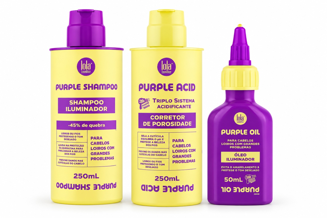 Set Lola Cosmetics Purple pentru Păr Blond și Decolorat – Șampon 250 ml + Acidifiant 250 ml + Ulei 50 ml