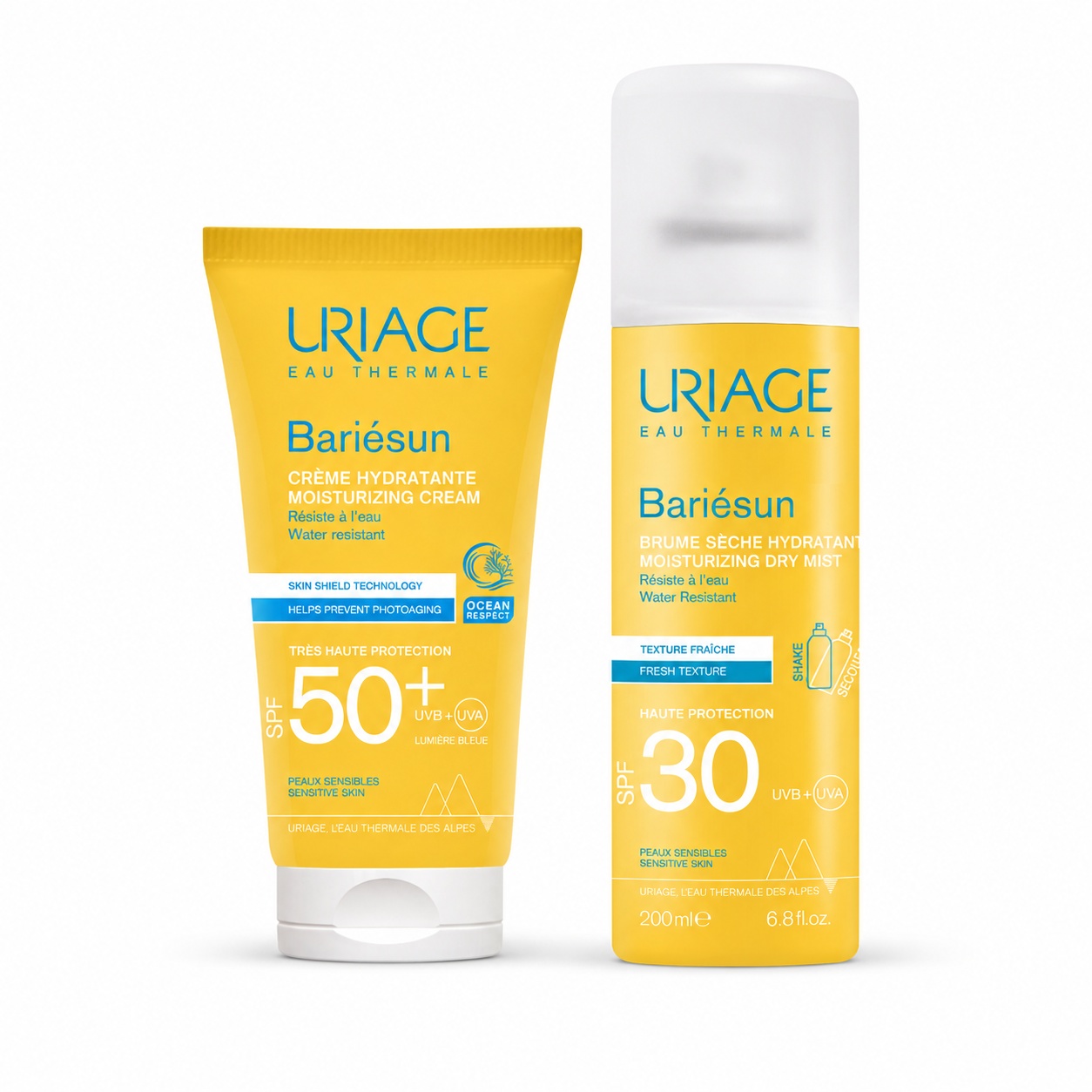 Set Uriage Bariésun – Crema hidratanta SPF 50+, 50 ml + Spray uscat hidratant SPF 30, 200 ml