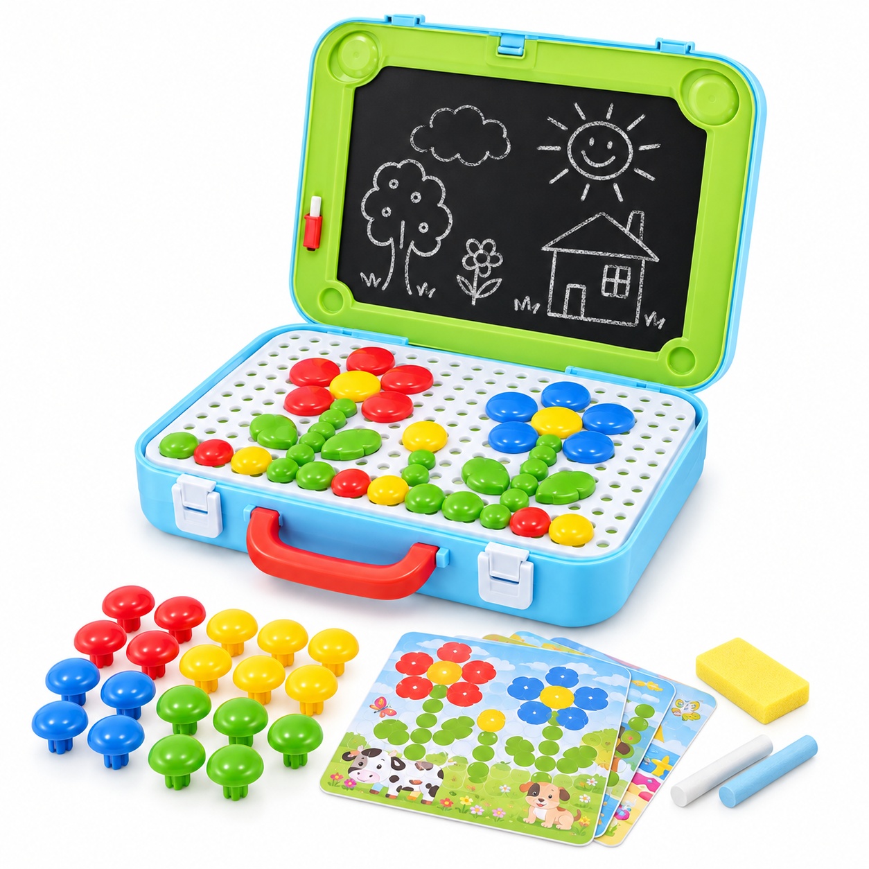 Valiza creativa 2 in 1 cu tabla de desen si joc mozaic, 47 piese, 8 planse duble si accesorii, albastru, 3+ ani