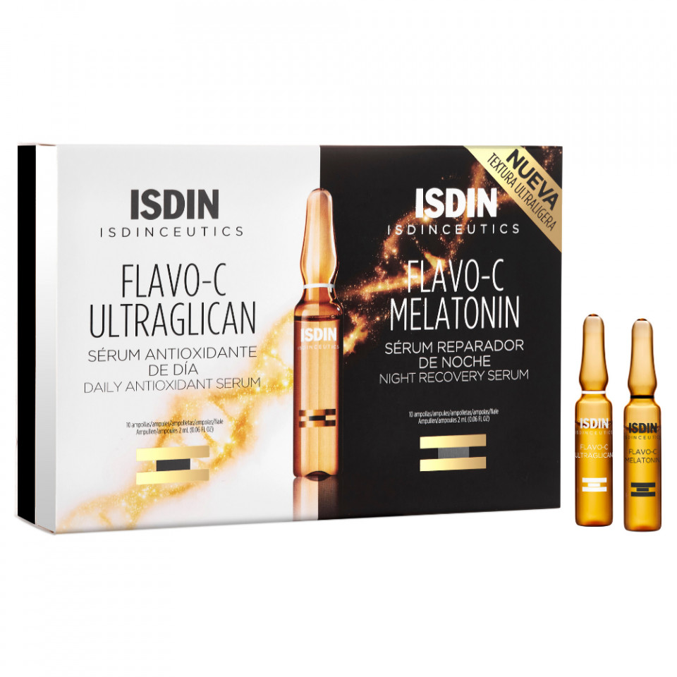 Fiole ser antioxidant ultraglican si melatonina Isdin FLAVO-C Melatonin Day & Night (Continut set: 10 fiole + 10 fiole)