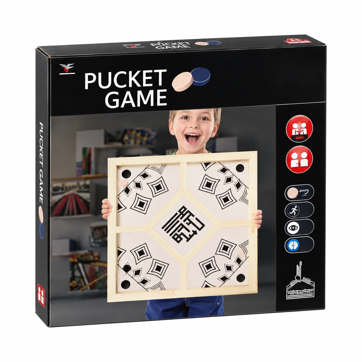 Joc de societate Pucket cu discuri si elastice, tabla patrata 60 cm, model geometric