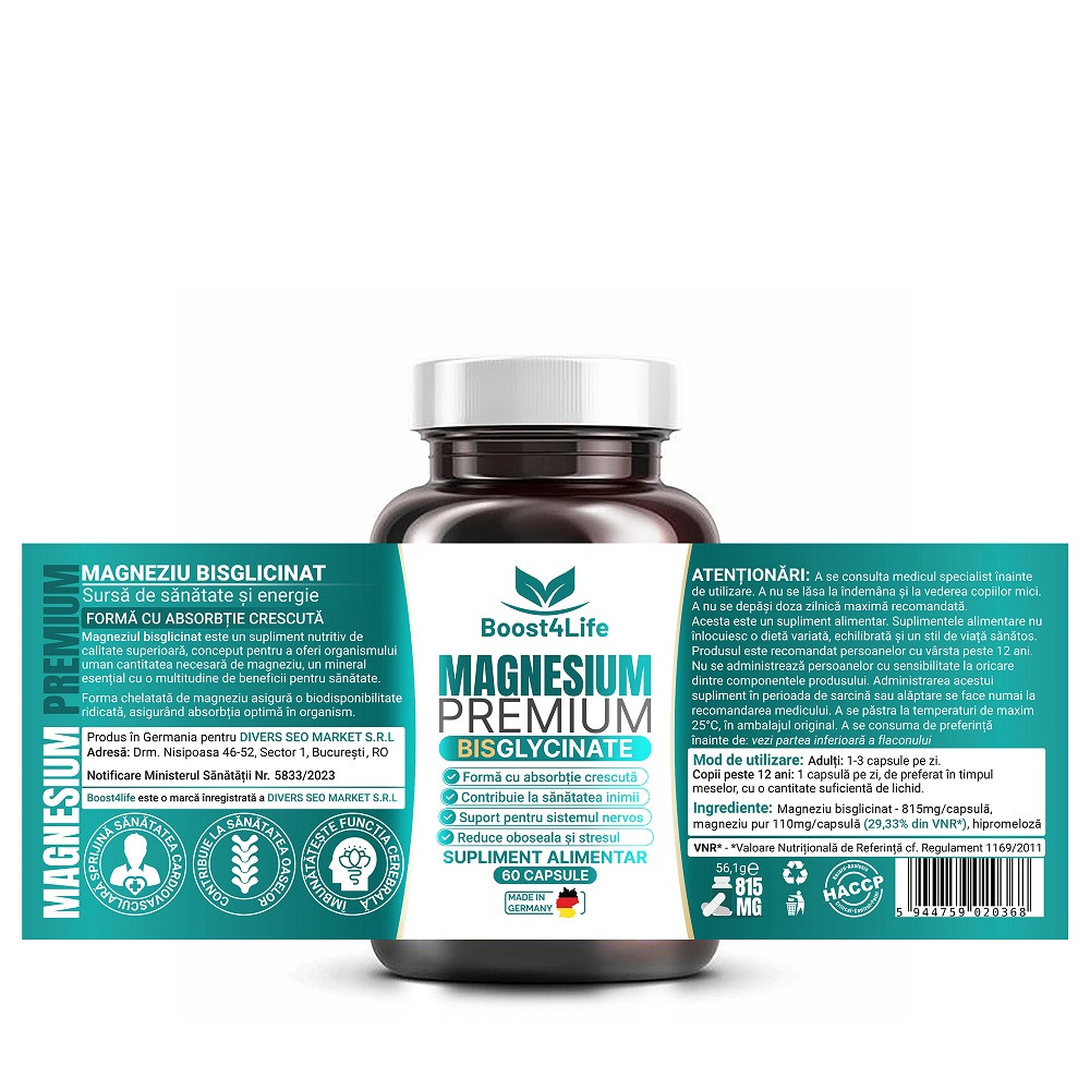 Magneziu Bisglicinat Premium, 60 capsule, Boost4Life - 1 | YEO