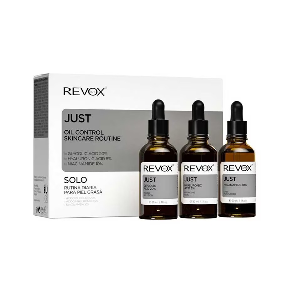 Pachet Oil Control Skincare Routine Revox: Just, Niacinamide 10 %, 30 ml + Just, Hyaluronic Acid 5%, 30 ml + Just, Glycolic Acid 20, 30 ml